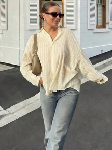 女士薄纱竹条纹衬衫，法式休闲通勤上衣，夏季半透明条纹衬衫 - 黃色 - 查看 3
