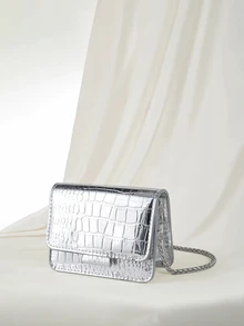 Clariva Mini Square Bag  Crocodile Embossed Flap , Funky, Punk & Bag For Street Wear - Silver - View 5