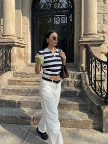 HoloChill 女士撞色条纹休闲短袖纽扣针织上衣，新款休闲夏季衬衫，女士春季服装，女士假日派对上衣，女士沙滩装，女士优雅夏季度假服 - 藍白色 - 查看 6