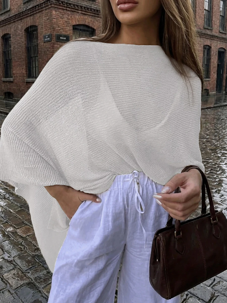 Women's Solid Color Bat Sleeve Knit Sweater - White - View 1