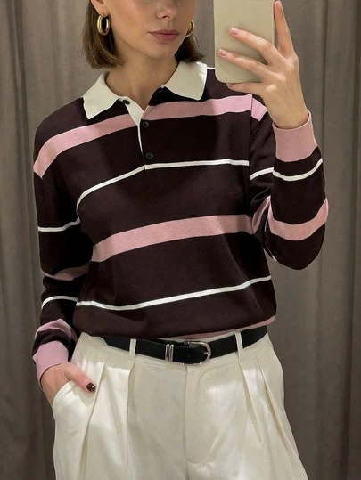 Suéter ajustado con cuello a contraste de rayas, nueva blusa casual y versátil para mujer, adecuado para otoño/invierno, suéter de punto de nicho de moda diario de carnaval