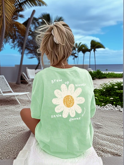 Girls & Teens Casual Mint Green Printed Crew Neck Short Sleeve T-Shirt, Summer Top