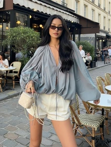 2026 Valentine's Day Outfit, Blue Casual Outfit, Summer Vacation Outfit, Women's Elegant V-Neck Loose Blouse Shirt, Drawstring Tie, Lantern Sleeve, Neck Bow Tie - Blue - View 1