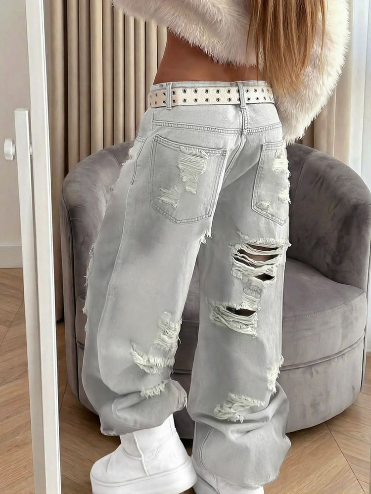 Enfärgad Casual Denim med blixtlåsfickor och nödställda detaljer - Grå - Visa 3