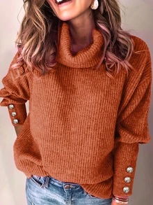 Women Loose High Neck Sweater, Casual Formal Ribbed Knit Button Up Long Sleeve Pullover Top - Orange - View 2