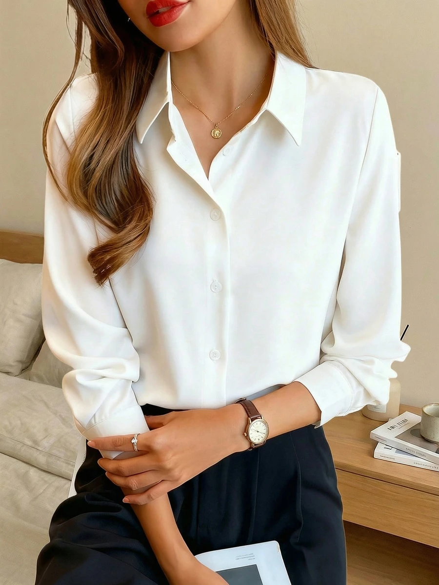 女士白色长袖衬衫，宽松版型，适合工作、商务休闲、办公室穿着，春季款 - 白色 - 查看 1