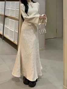 Women's Solid Color Button Design Bell Sleeve Long Elegant Cheongsam - Beige - View 1