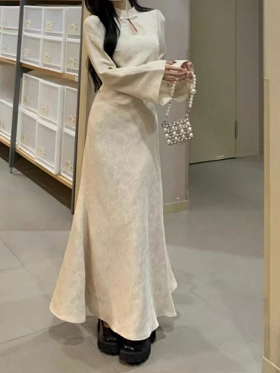 Women's Solid Color Button Design Bell Sleeve Long Elegant Cheongsam - Beige - View 1