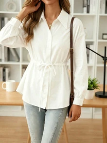 Women's Loose Batwing Sleeve Drawstring Casual Shirt Blouse - White - View 5