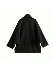 Suéter holgado de mezcla de lana con cuello vuelto, bolsillo delantero y botones, de unicolor elegante, minimalista y de moda para mujer - El nuevo negro - Ver 4