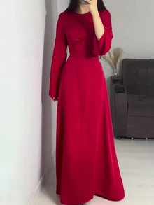 Vestido de cóctel de unicolor con cremallera en la cintura para mujer, vestido de fiesta de moda minimalista de manga larga, vestido para invitada de boda - Rojo - Ver 1