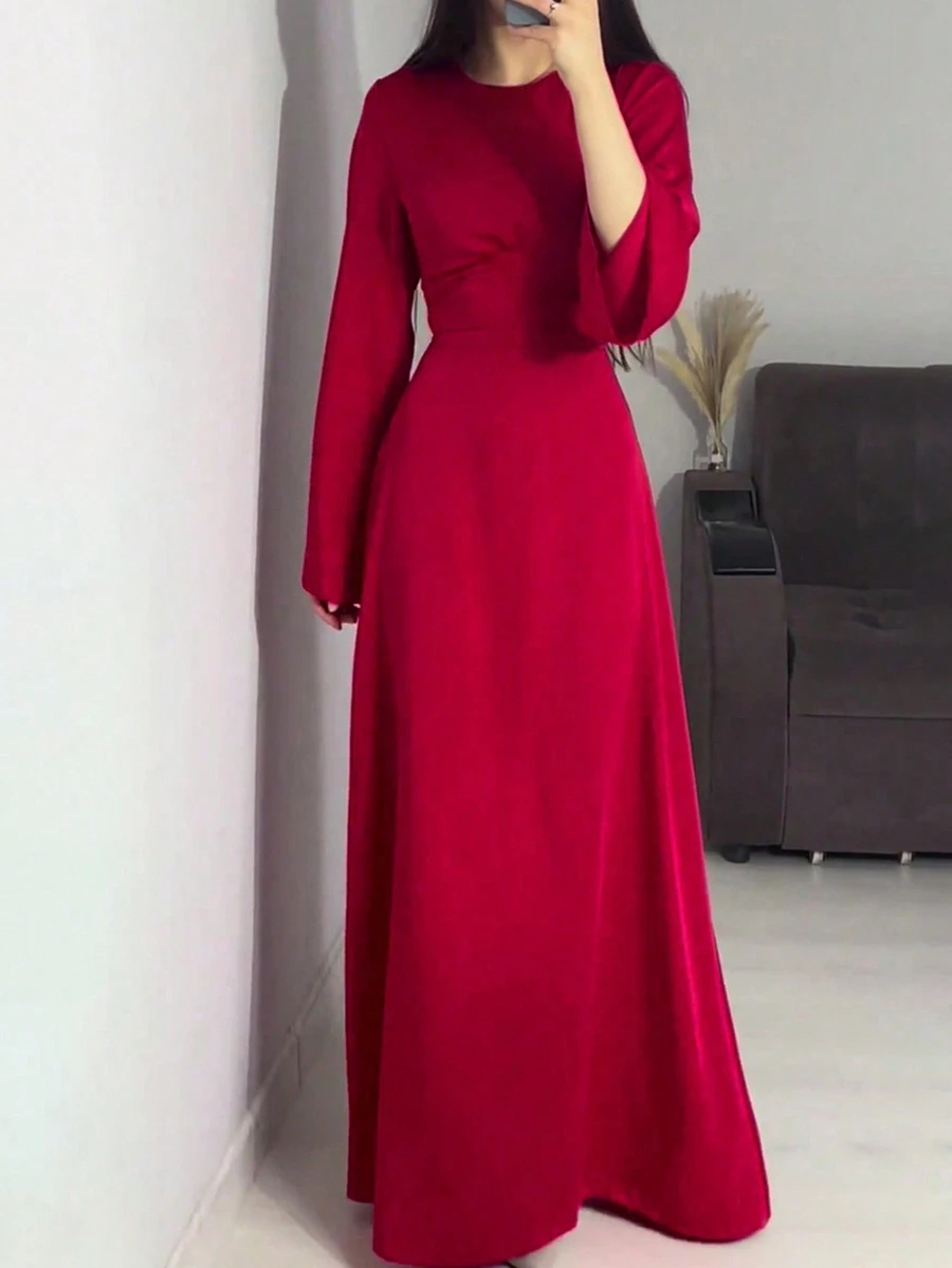 Vestido de cóctel de unicolor con cremallera en la cintura para mujer, vestido de fiesta de moda minimalista de manga larga, vestido para invitada de boda - Rojo - Ver 1