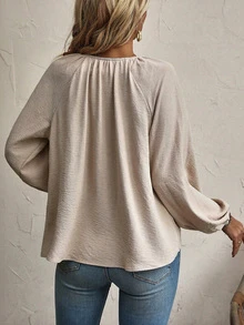 Women's Solid Color Bowknot Strap Loose Fit Raglan Sleeve Blouse - Apricot - View 2