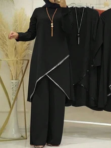 Women Color Block Long Sleeve Simple Casual Long Style Arabic Clothing Set,Modest Spring Black - Black - View 1