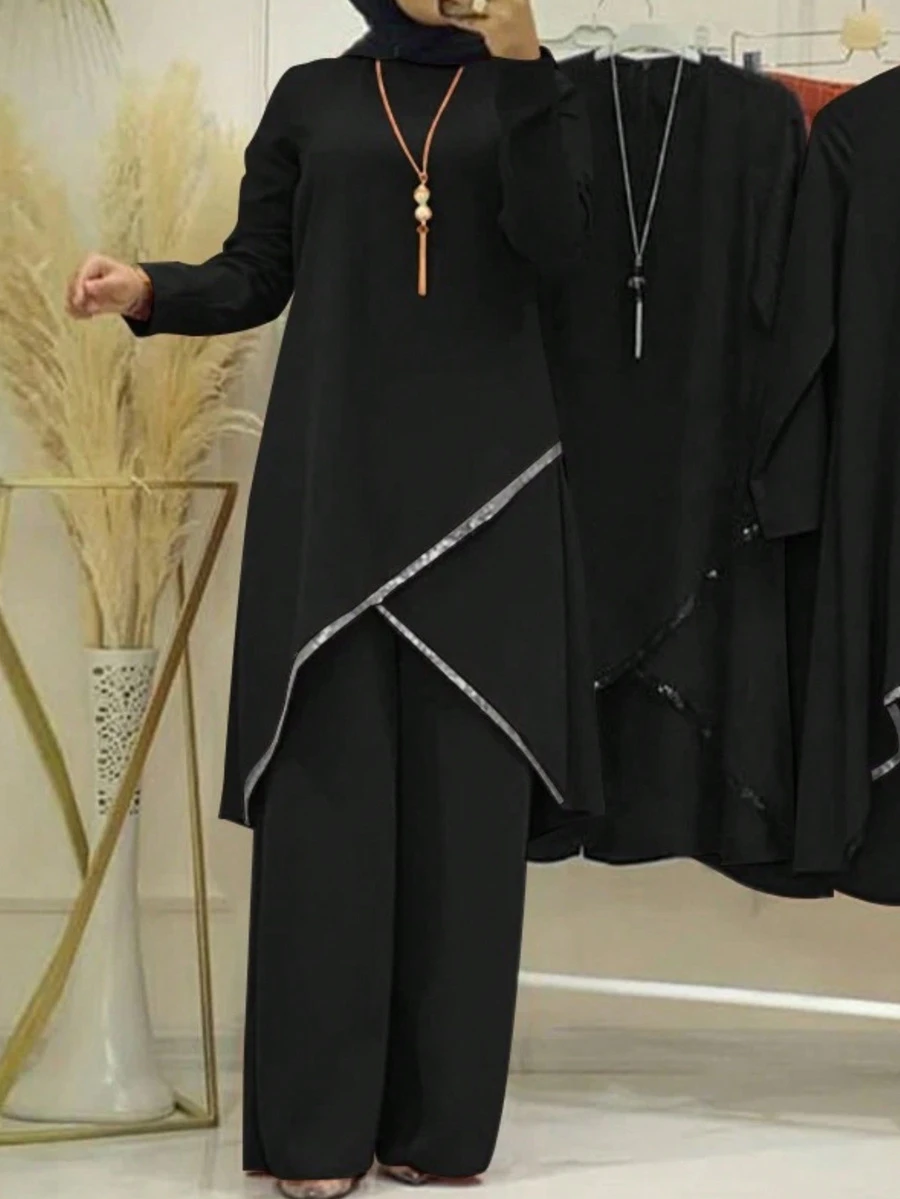 Women Color Block Long Sleeve Simple Casual Long Style Arabic Clothing Set,Modest Spring Black - Black - View 1