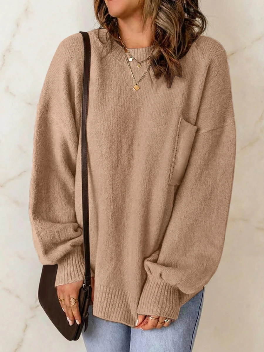 Pullover Kasual Wanita Kerah Bulat Warna Polos Bahu Longgar Saku Tempel - Aprikot - View 1
