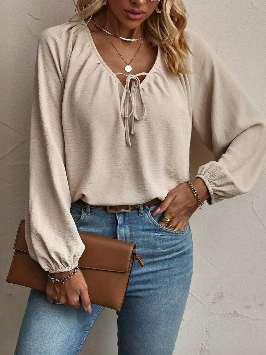 Women's Solid Color Bowknot Strap Loose Fit Raglan Sleeve Blouse - Apricot - View 1