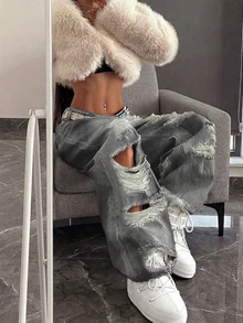 Jeans en denim délavé pour femmes, style américain vintage décontracté