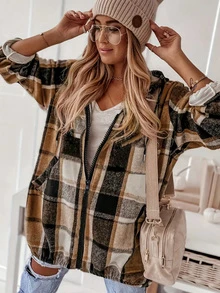 Women's Jacket, Plaid Woven Fabric, Zipper, Drawstring Pockets Spring - Khaki - View 1