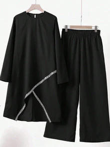 Women Color Block Long Sleeve Simple Casual Long Style Arabic Clothing Set,Modest Spring Black - Black - View 2