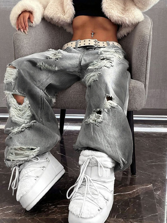 女式破洞牛仔裤，复古美式休闲风格