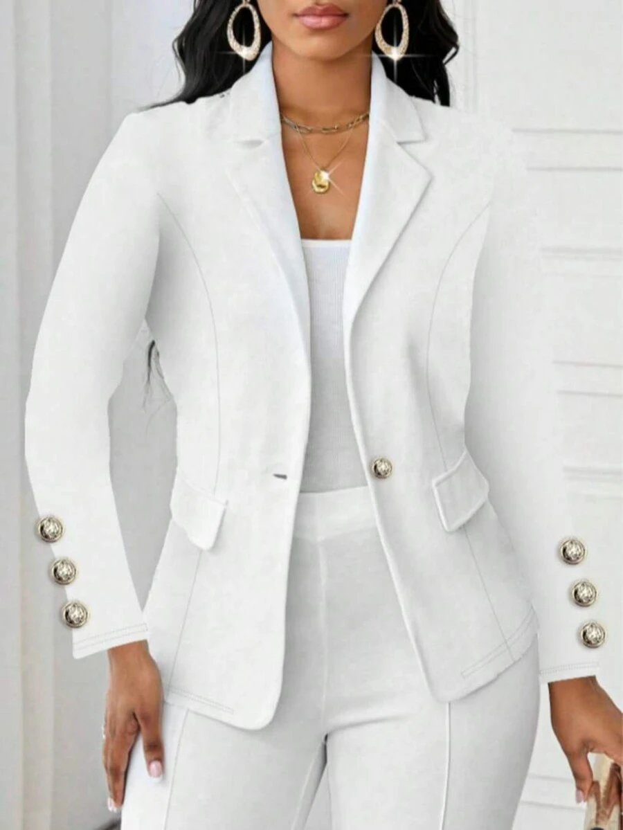 Women's Solid Color Elegant Lapel Long Sleeve Button Faux Pocket Regular Jacket White Spring - White - View 1