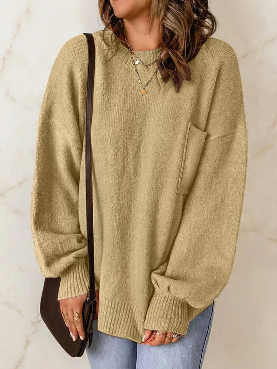 Women's Casual Crew Neck Pullover Solid Color Drop Shoulder Patch Pocket Sweater - Khaki - View 1