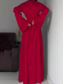Vestido de cóctel de unicolor con cremallera en la cintura para mujer, vestido de fiesta de moda minimalista de manga larga, vestido para invitada de boda - Rojo - Ver 2