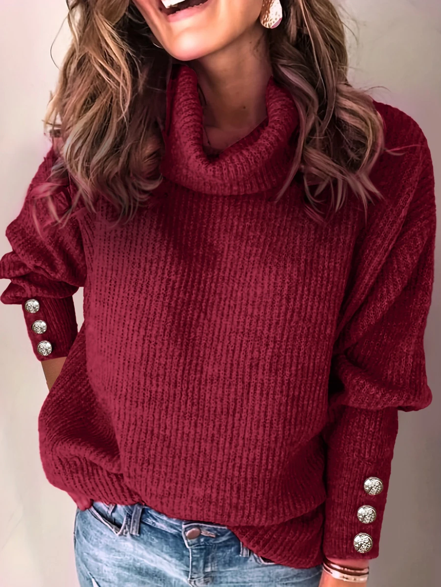 Women's Loose High Neck Sweater, Casual & Formal Ribbed Knit Button Up Long Sleeve Pullover