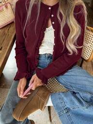 Nuevo suéter de punto de manga larga con cuello en V de color rojo borgoña sólido, sencillo y elegante para mujer, ideal para el otoño y el invierno. Elegante y versátil cárdigan con volantes, perfecto para el uso diario y casual. Nuevo año.