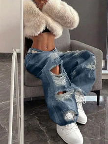 Couleur unie Denim décontracté Poche à fermeture éclair Déchiré