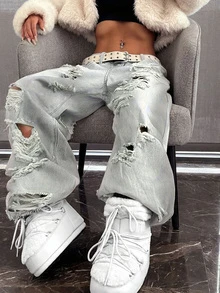 Solid Color Casual Denim With Zipper Pockets And Distressed Detailing - Grey - View 2