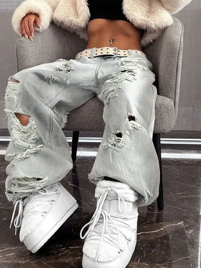 Enfärgad Casual Denim med blixtlåsfickor och nödställda detaljer