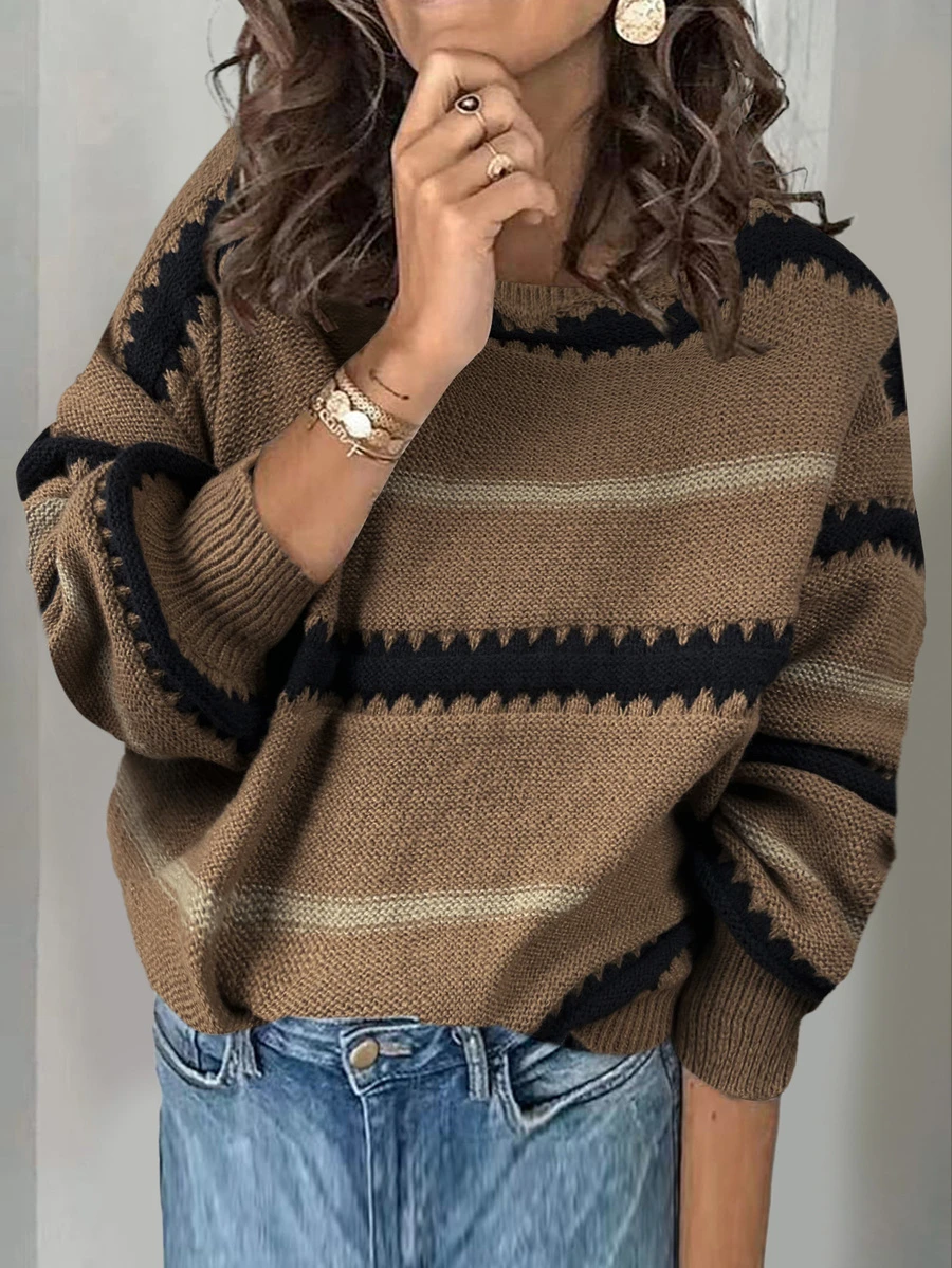 Sweater Pullover Longgar Bergaris Kasual Wanita dengan Bahu Jatuh