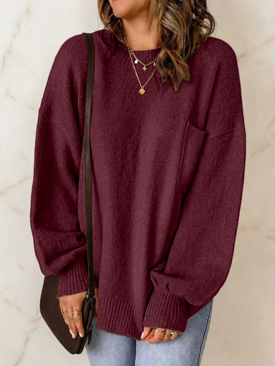 Pullover Kasual Wanita Kerah Bulat Warna Polos Bahu Longgar Saku Tempel - Jangkar merah - View 1