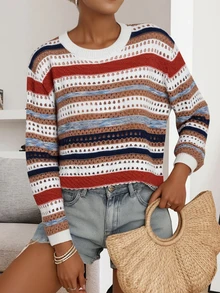 Fashionable Casual Round Neck Striped Hollow-Out Contrast Color Ribbed Trim Beach Sweater For Women, Spring/Summer - Multicolor - View 1