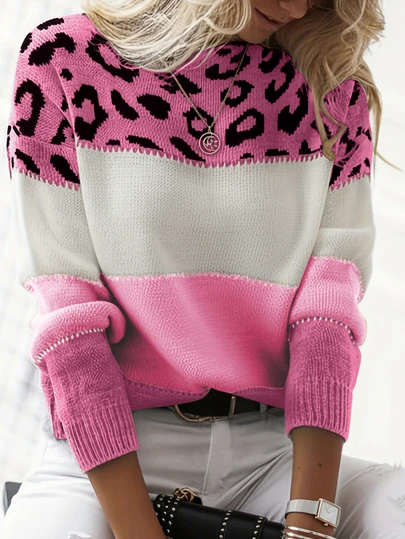 Suéter holgado y lindo con estampado de leopardo en bloques de color para mujer, jersey de cuello redondo de punto acanalado cómodo y casual de manga larga