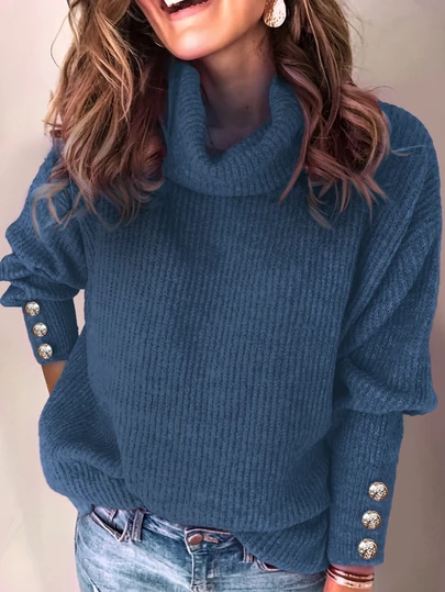 Maglione ampio a collo alto da donna, maglia a costine casual e formale con bottoni, manica lunga