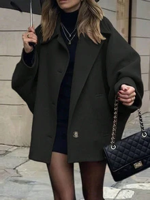 Suéter holgado de mezcla de lana con cuello vuelto, bolsillo delantero y botones, de unicolor elegante, minimalista y de moda para mujer - El nuevo negro - Ver 2