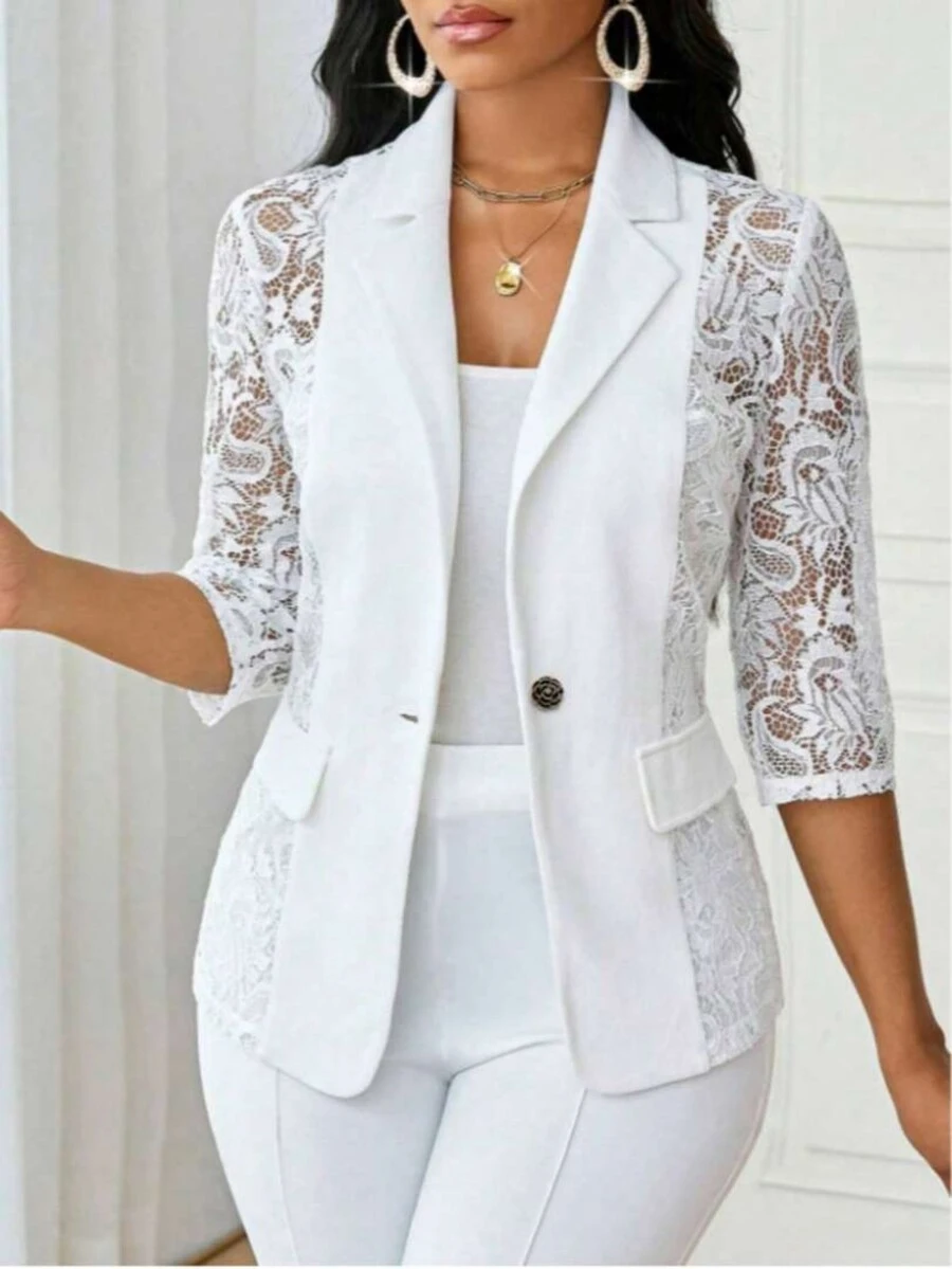 Women's Elegant Commuter Jacket With Button Fake Pockets And Lace Splice, 3/4 Sleeve - White - View 1