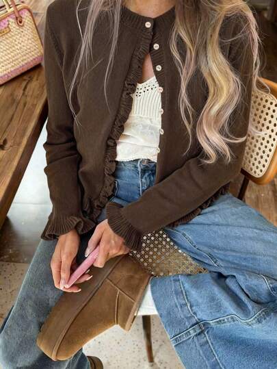 Nuevo suéter de punto de manga larga con cuello en V de unicolor minimalista para primavera/verano, elegante y a la moda cárdigan con volantes para el transporte, versátil cárdigan ajustado casual para uso diario