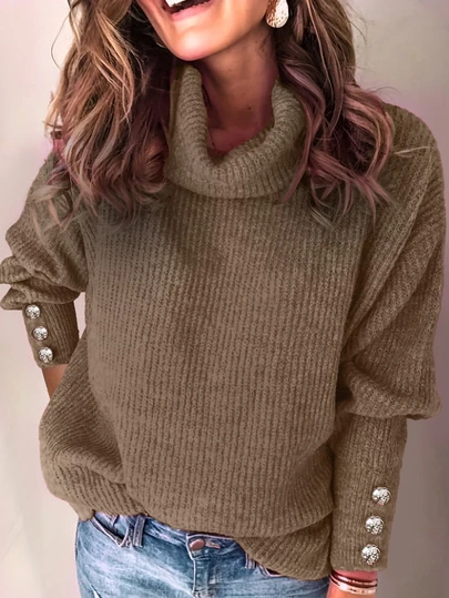 Women's Loose High Neck Sweater, Casual Formal Ribbed Knit Button Up Long Sleeve Pullover, Nutmeg Color, Long Sleeve Top