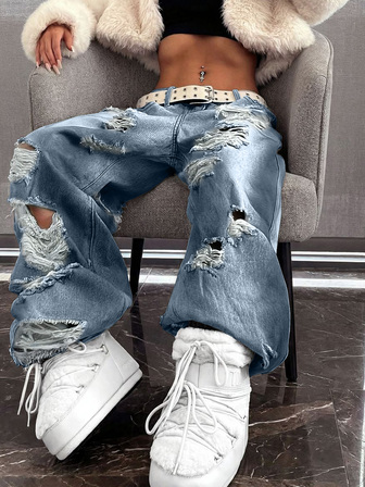 Solid Color Casual Denim Zipper Pocket Distressed