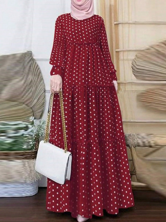 فستان عربي طويل الأكمام برقبة دائرية بنقشة نقاط للنساء
