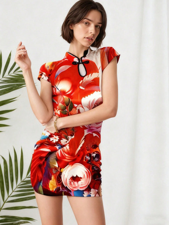 复古中式旗袍连衣裙，女式合身弹力旗袍