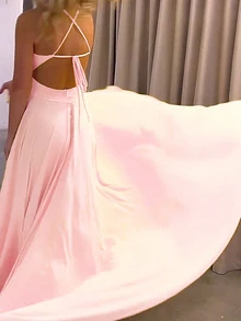 Women Solid Color V-Neck Side Slit Hem Sexy Evening Dress, Party Dress, Wedding Guest Cocktail Dress - Pink - View 2