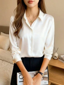 女士白色长袖衬衫，宽松版型，适合工作、商务休闲、办公室穿着，春季款 - 白色 - 查看 2