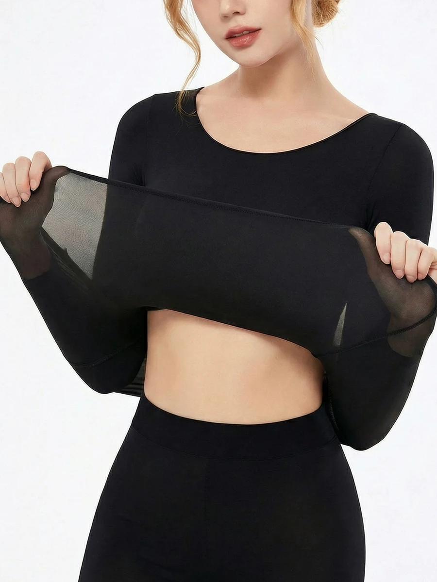 女士无缝蕾丝保暖内衣，薄款长袖上衣，纯色保暖舒适打底衫，圆领修身高弹轻薄透气休闲打底衫，适合秋冬季穿着 - 黑色 - 查看 1