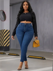 Quần jeans denim dáng ôm cạp cao cỡ lớn, chất liệu co giãn, dài đến mắt cá chân, được thiết kế dành cho phụ nữ. - Màu xanh lam - Xem 2