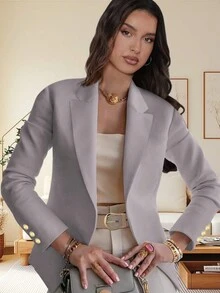 1件女士优雅纯色翻领纽扣开衫毛衣，春秋季 - 淺灰色 - 查看 1